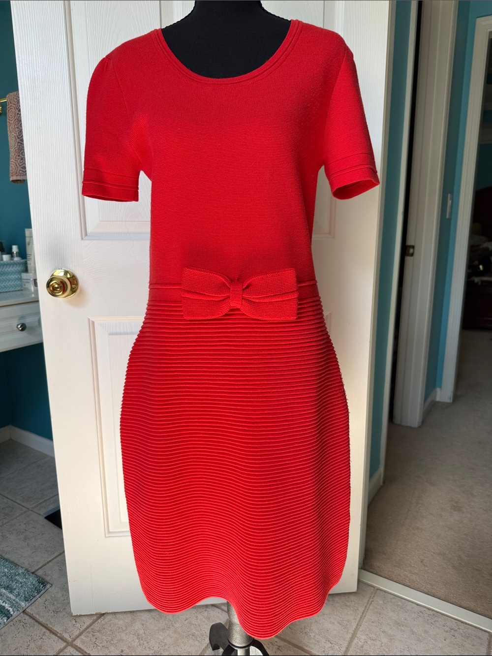 Kate Spade Red Short-Sleeve Bow-Waist Knit Sweater Dress